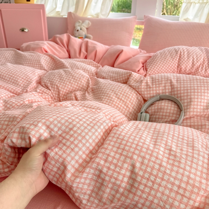 温眠家纺 2025新款云感针织双层纱四件套 粉小格