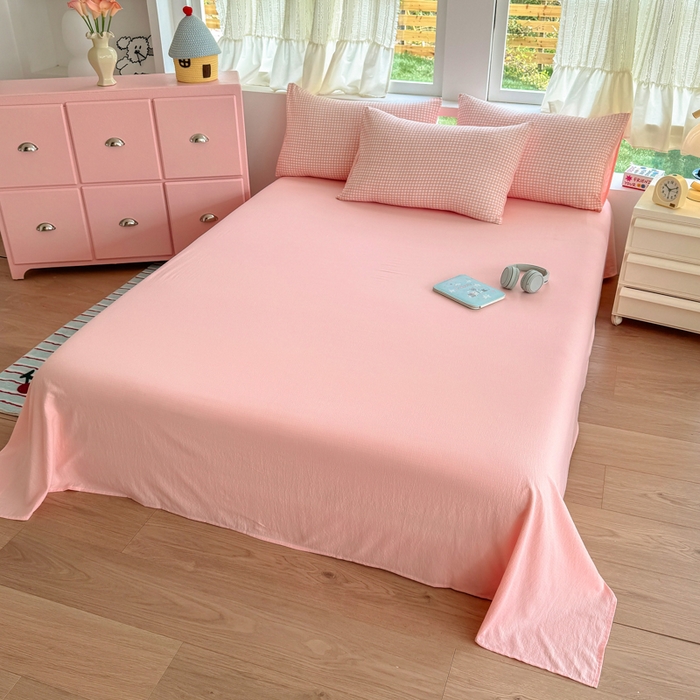 91家纺网 家纺一手货源 找家纺 温眠家纺 2025新款云感针织双层纱四件套 粉小格