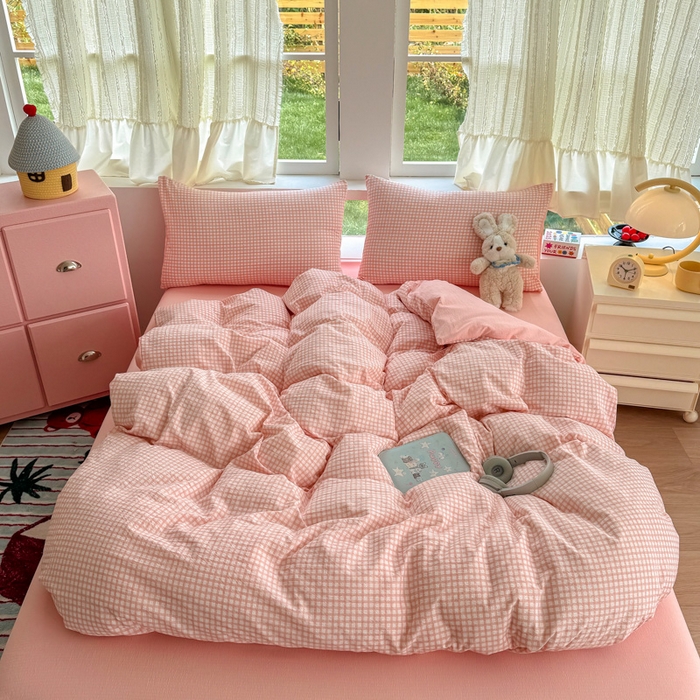 91家纺网 家纺一手货源 找家纺 温眠家纺 2025新款云感针织双层纱四件套 粉小格