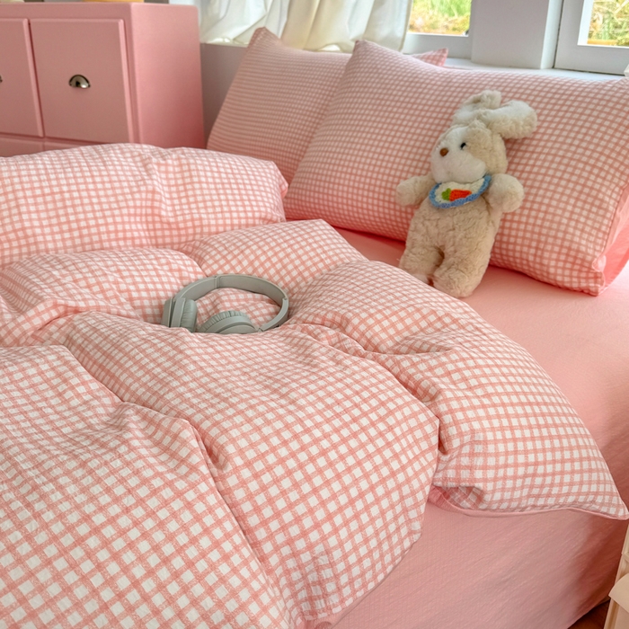 91家纺网 家纺一手货源 找家纺 温眠家纺 2025新款云感针织双层纱四件套 粉小格