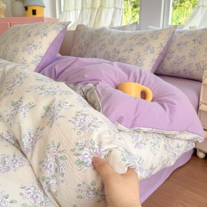 91家纺网 家纺一手货源 找家纺 温眠家纺 2025新款云感针织双层纱四件套 花开半夏