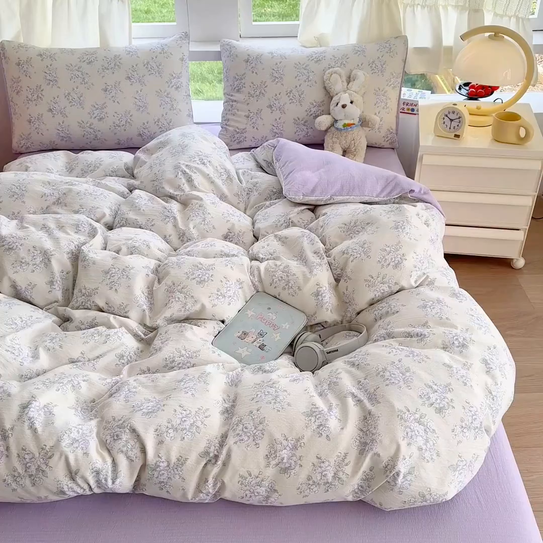 91家纺网 家纺一手货源 找家纺 温眠家纺 2025新款云感针织双层纱四件套 花开半夏