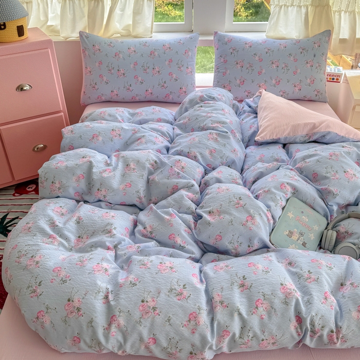 91家纺网 家纺一手货源 找家纺 温眠家纺 2025新款云感针织双层纱四件套 蓝溪