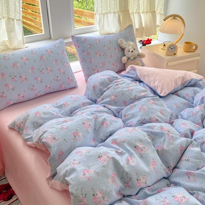 91家纺网 家纺一手货源 找家纺 温眠家纺 2025新款云感针织双层纱四件套 蓝溪