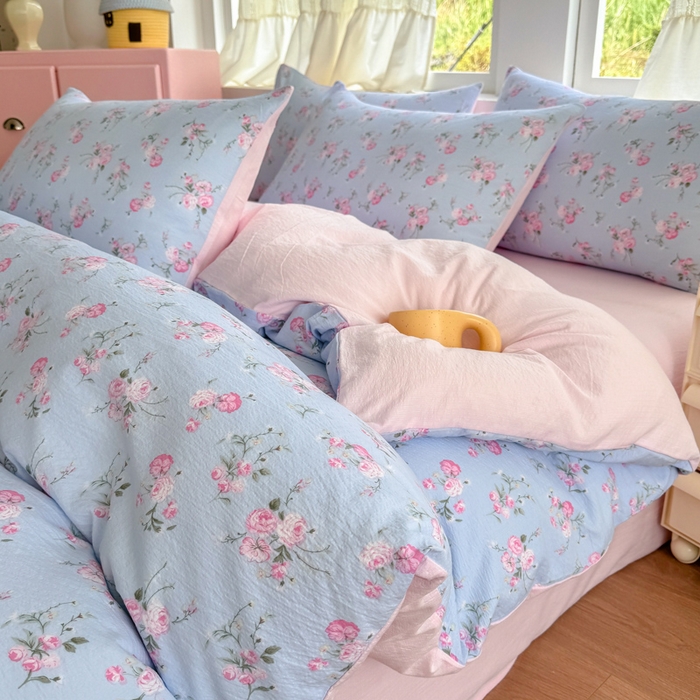 91家纺网 家纺一手货源 找家纺 温眠家纺 2025新款云感针织双层纱四件套 蓝溪