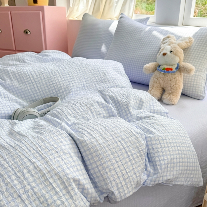 91家纺网 家纺一手货源 找家纺 温眠家纺 2025新款云感针织双层纱四件套 蓝小格