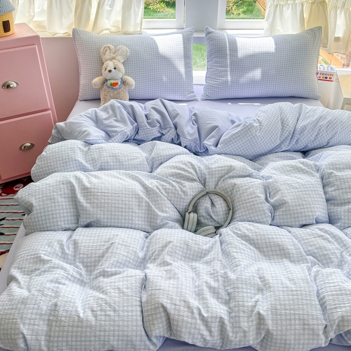 91家纺网 家纺一手货源 找家纺 温眠家纺 2025新款云感针织双层纱四件套 蓝小格