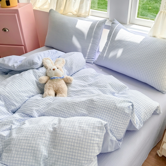 91家纺网 家纺一手货源 找家纺 温眠家纺 2025新款云感针织双层纱四件套 蓝小格