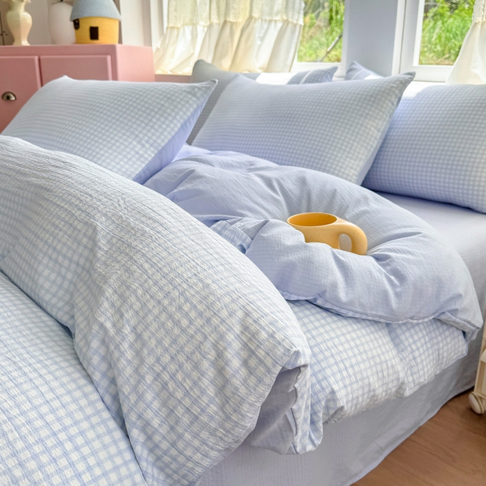 91家纺网 家纺一手货源 找家纺 温眠家纺 2025新款云感针织双层纱四件套 蓝小格