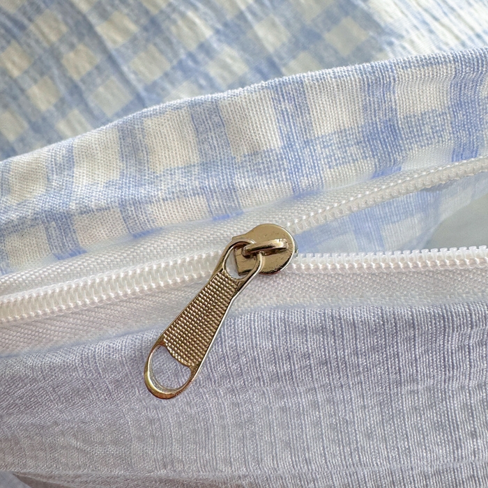 91家纺网 家纺一手货源 找家纺 温眠家纺 2025新款云感针织双层纱四件套 蓝小格