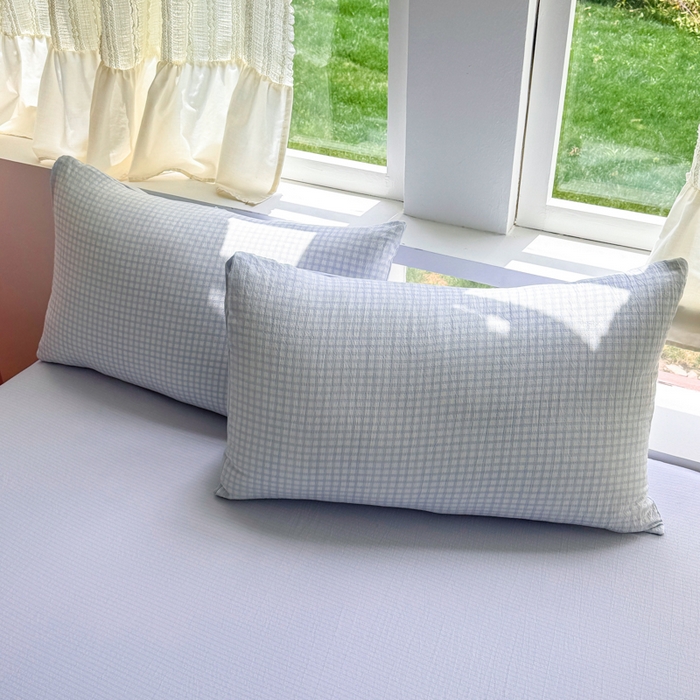 91家纺网 家纺一手货源 找家纺 温眠家纺 2025新款云感针织双层纱四件套 蓝小格