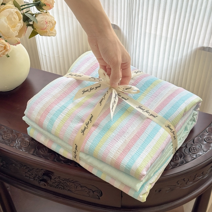 91家纺网 家纺一手货源 找家纺 温眠家纺 2025新款云感针织双层纱四件套 遇见彩虹