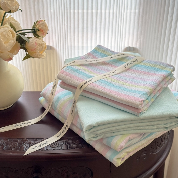 91家纺网 家纺一手货源 找家纺 温眠家纺 2025新款云感针织双层纱四件套 遇见彩虹