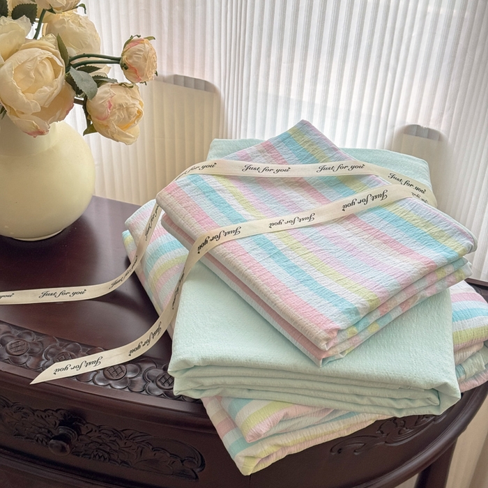 91家纺网 家纺一手货源 找家纺 温眠家纺 2025新款云感针织双层纱四件套 遇见彩虹