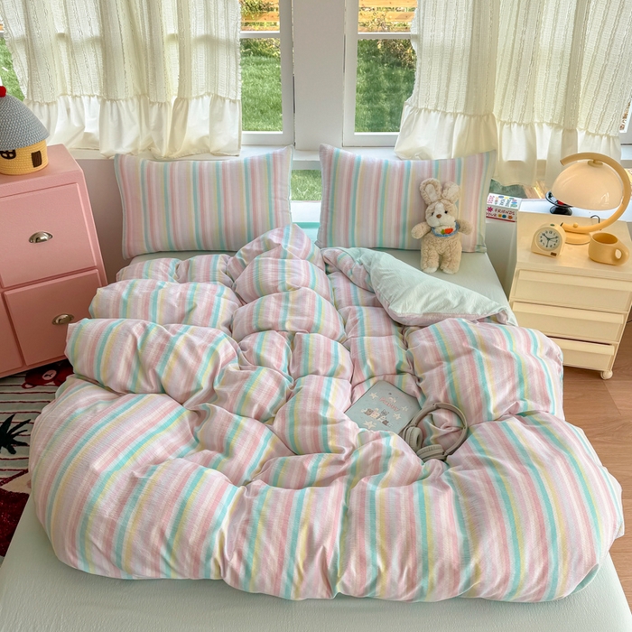 91家纺网 家纺一手货源 找家纺 温眠家纺 2025新款云感针织双层纱四件套 遇见彩虹