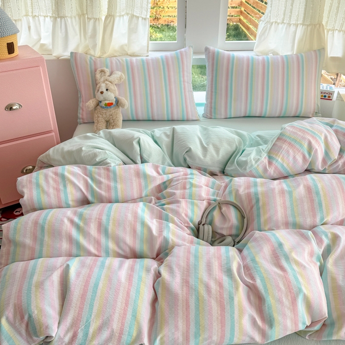 91家纺网 家纺一手货源 找家纺 温眠家纺 2025新款云感针织双层纱四件套 遇见彩虹