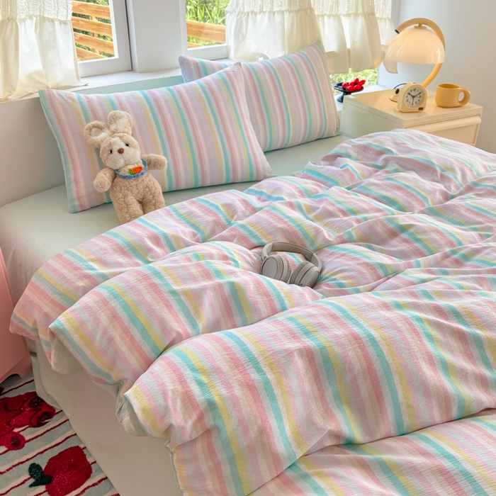 91家纺网 家纺一手货源 找家纺 温眠家纺 2025新款云感针织双层纱四件套 遇见彩虹