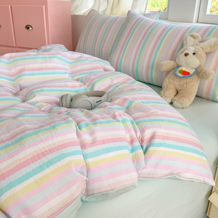 91家纺网 家纺一手货源 找家纺 温眠家纺 2025新款云感针织双层纱四件套 遇见彩虹