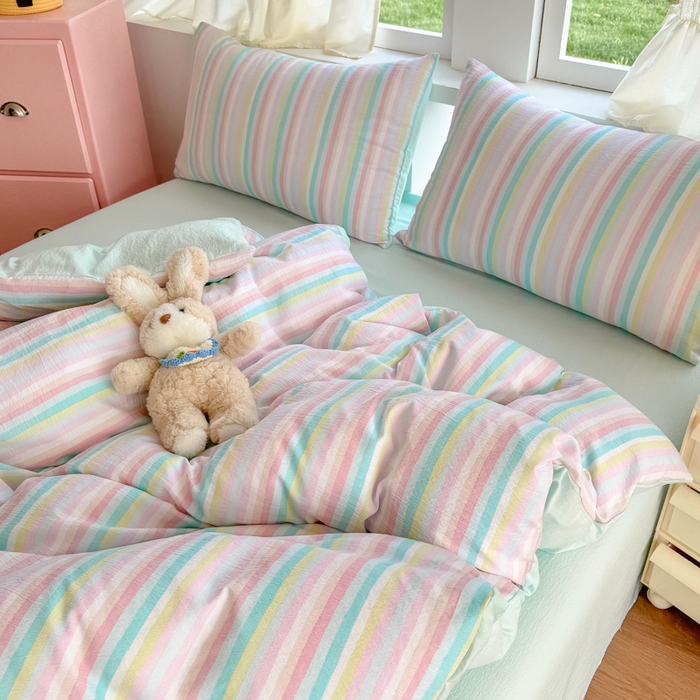 91家纺网 家纺一手货源 找家纺 温眠家纺 2025新款云感针织双层纱四件套 遇见彩虹