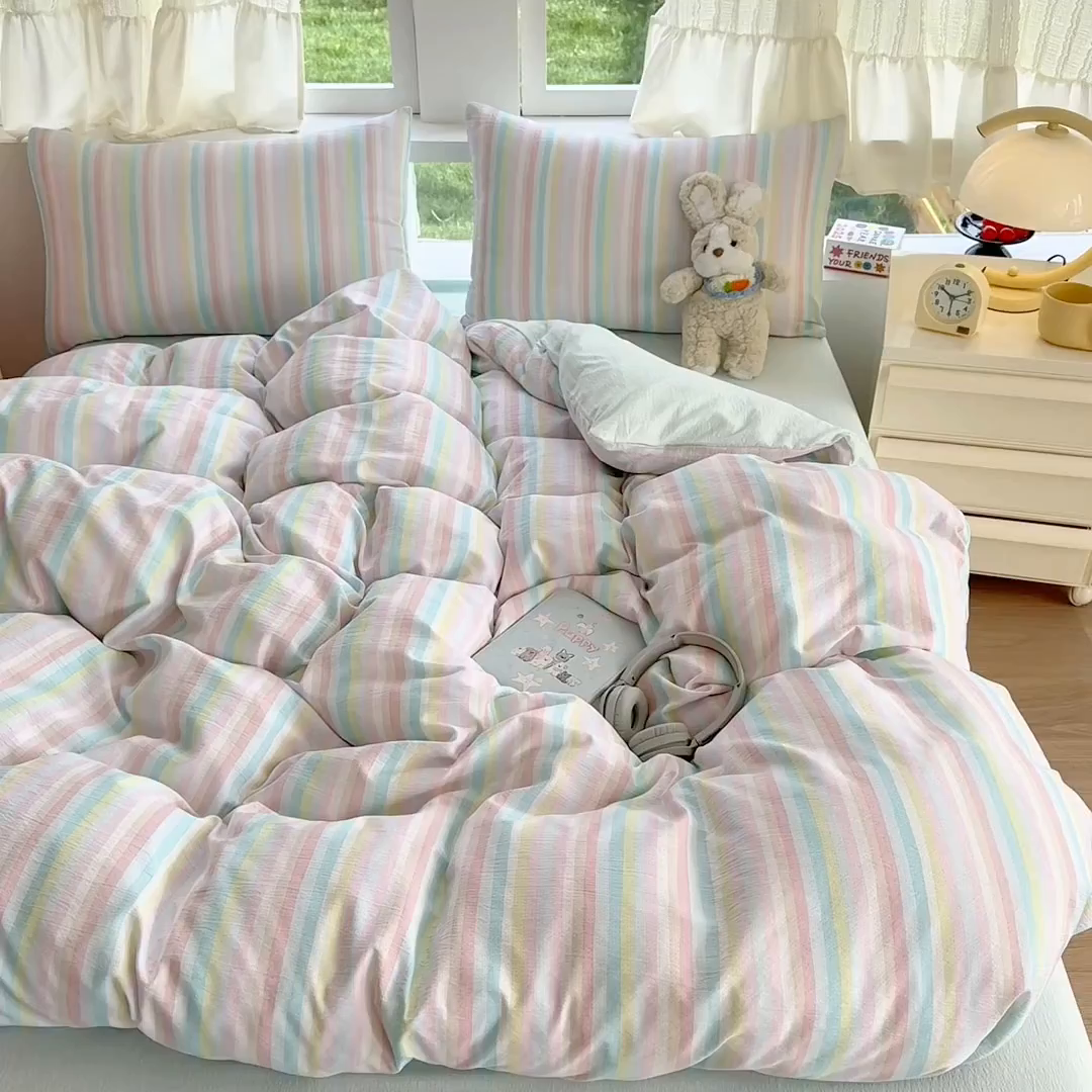 91家纺网 家纺一手货源 找家纺 温眠家纺 2025新款云感针织双层纱四件套 遇见彩虹