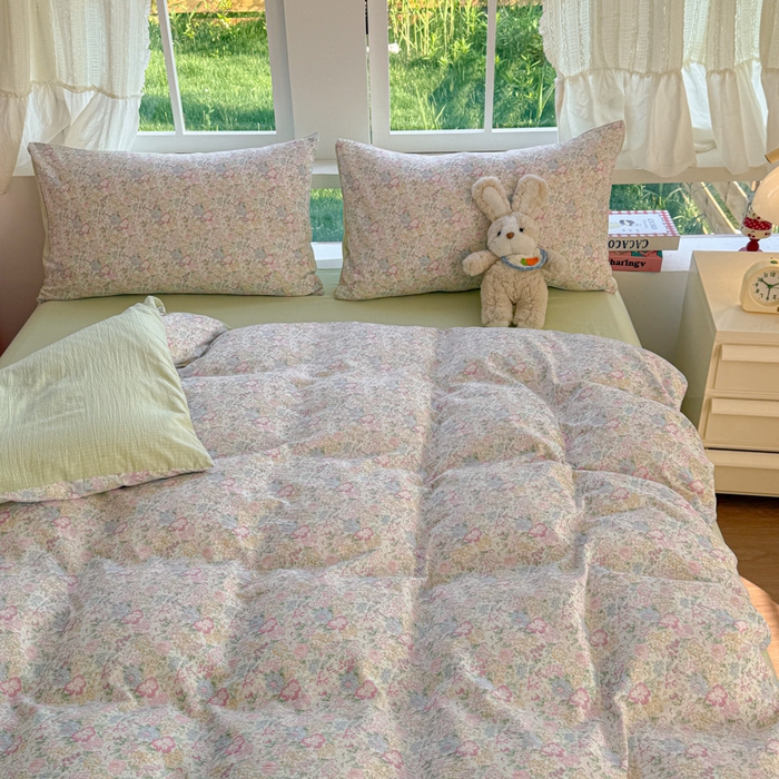 91家纺网 家纺一手货源 找家纺 温眠家纺 2025新款云感针织双层纱四件套 粉黛