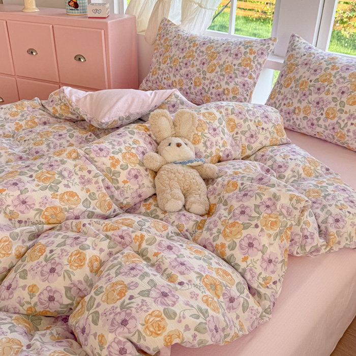 91家纺网 家纺一手货源 找家纺 温眠家纺 2025新款云感针织双层纱四件套 紫薇花