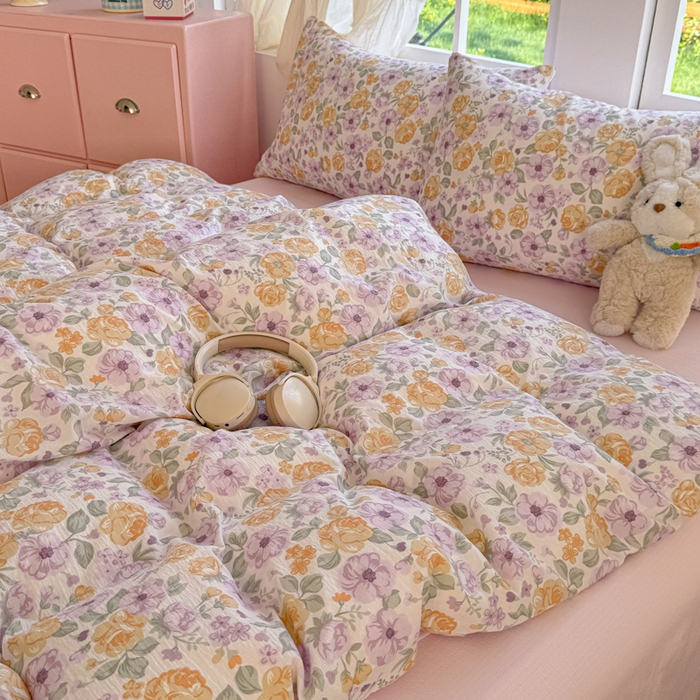 91家纺网 家纺一手货源 找家纺 温眠家纺 2025新款云感针织双层纱四件套 紫薇花