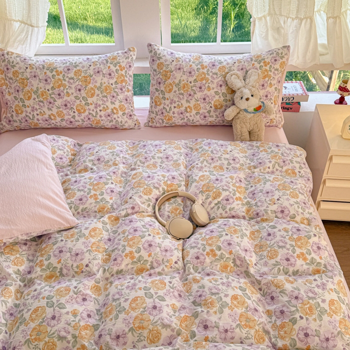 91家纺网 家纺一手货源 找家纺 温眠家纺 2025新款云感针织双层纱四件套 紫薇花