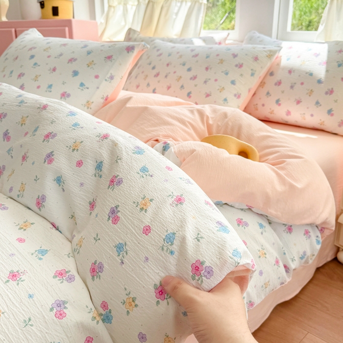 91家纺网 家纺一手货源 找家纺 温眠家纺 2025新款活性印染云感针织双层纱四件套 春之语