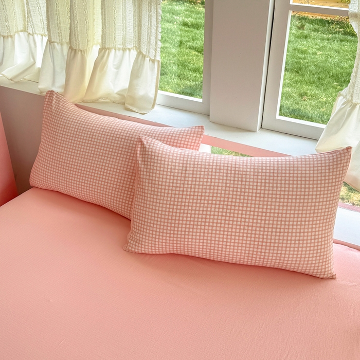 91家纺网 家纺一手货源 找家纺 温眠家纺 2025新款活性印染云感针织双层纱四件套 粉小格