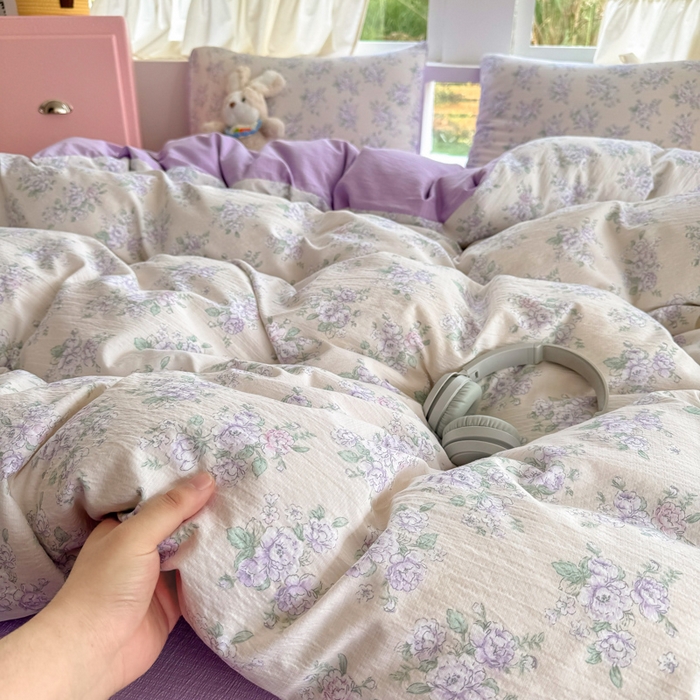 温眠家纺 2025新款活性印染云感针织双层纱四件套 花开半夏