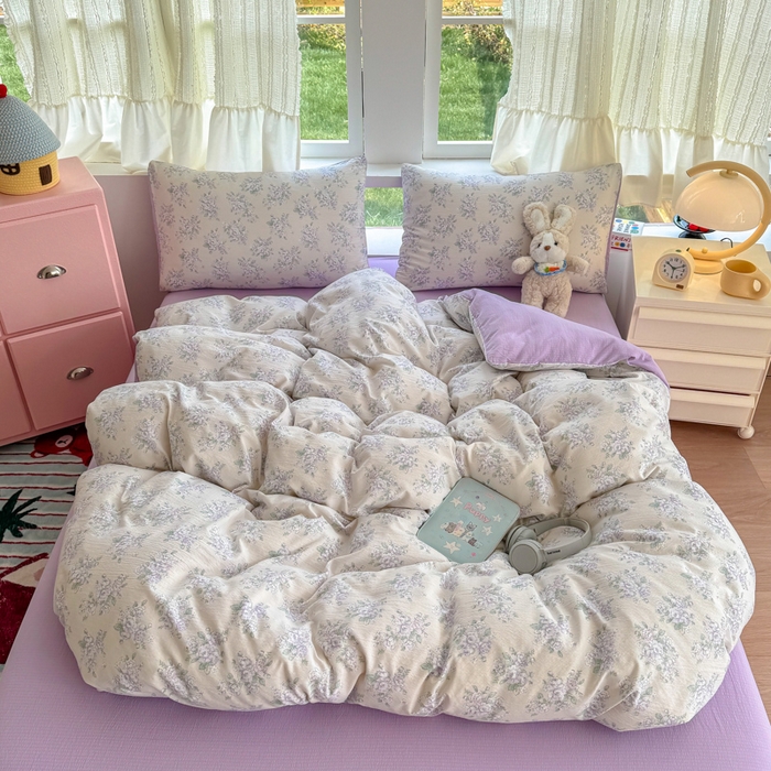 91家纺网 家纺一手货源 找家纺 温眠家纺 2025新款活性印染云感针织双层纱四件套 花开半夏