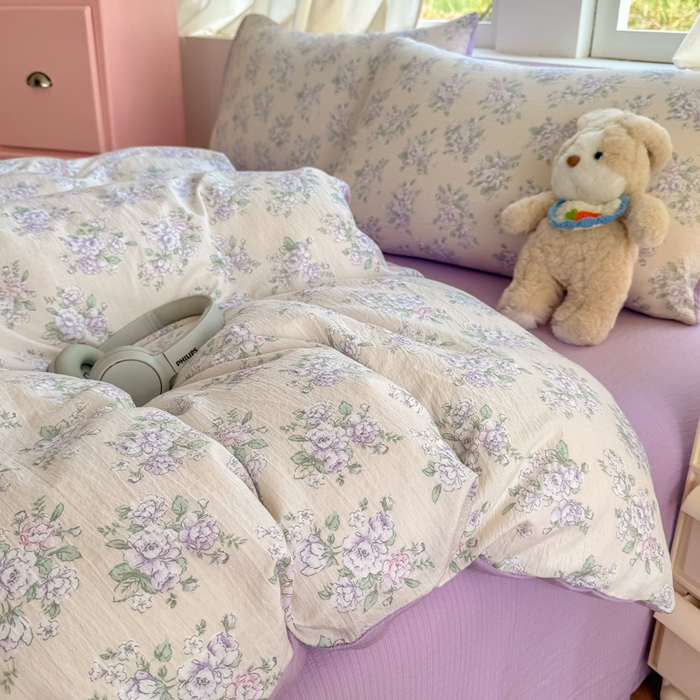 91家纺网 家纺一手货源 找家纺 温眠家纺 2025新款活性印染云感针织双层纱四件套 花开半夏