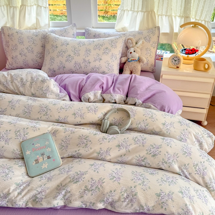 91家纺网 家纺一手货源 找家纺 温眠家纺 2025新款活性印染云感针织双层纱四件套 花开半夏