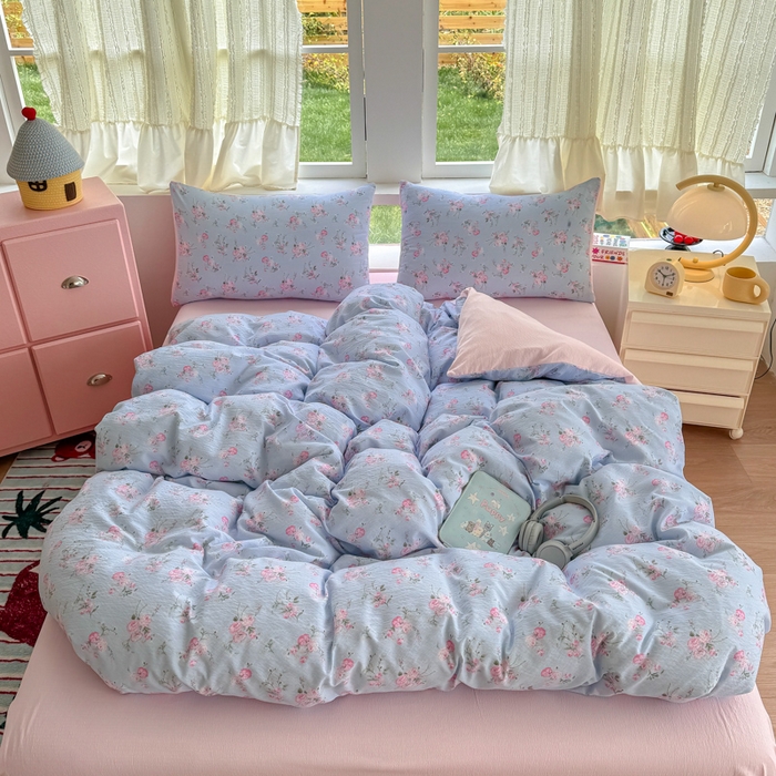 91家纺网 家纺一手货源 找家纺 温眠家纺 2025新款活性印染云感针织双层纱四件套 蓝溪