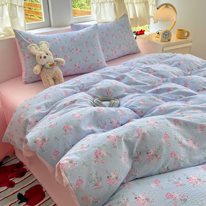 91家纺网 家纺一手货源 找家纺 温眠家纺 2025新款活性印染云感针织双层纱四件套 蓝溪