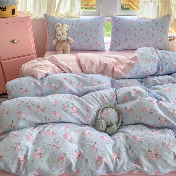 91家纺网 家纺一手货源 找家纺 温眠家纺 2025新款活性印染云感针织双层纱四件套 蓝溪