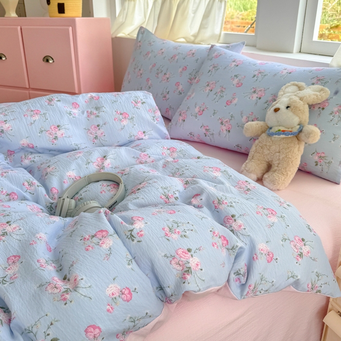 91家纺网 家纺一手货源 找家纺 温眠家纺 2025新款活性印染云感针织双层纱四件套 蓝溪