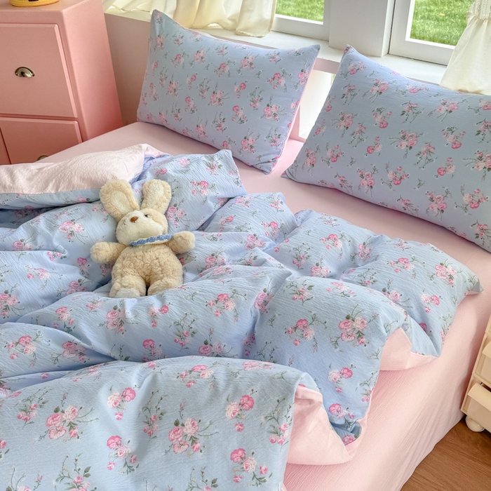 91家纺网 家纺一手货源 找家纺 温眠家纺 2025新款活性印染云感针织双层纱四件套 蓝溪