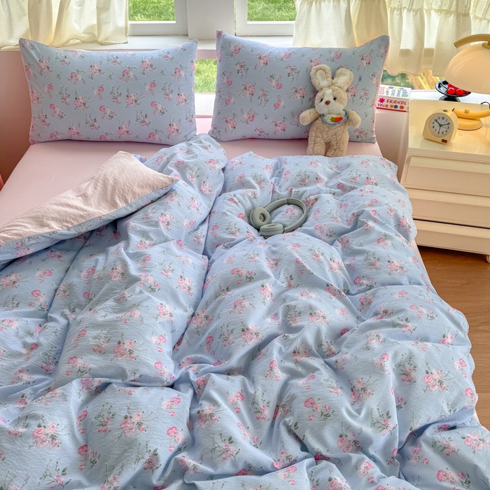 91家纺网 家纺一手货源 找家纺 温眠家纺 2025新款活性印染云感针织双层纱四件套 蓝溪