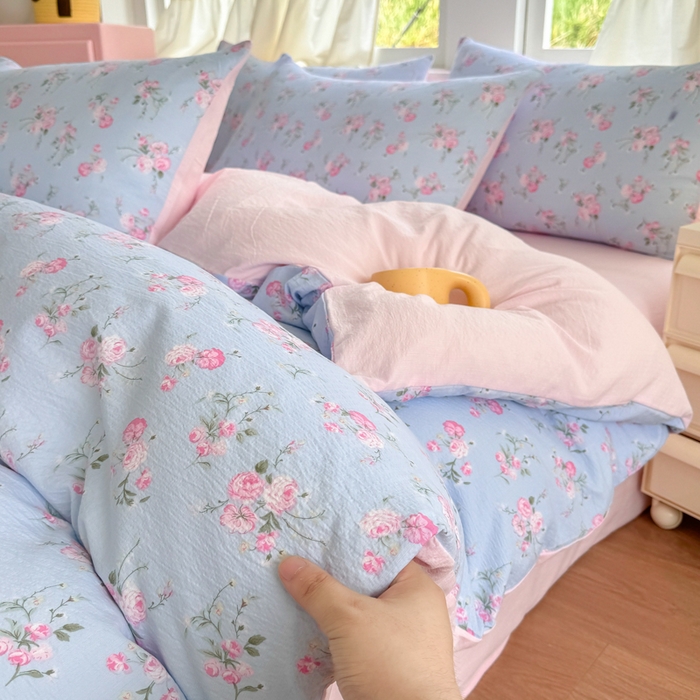 91家纺网 家纺一手货源 找家纺 温眠家纺 2025新款活性印染云感针织双层纱四件套 蓝溪