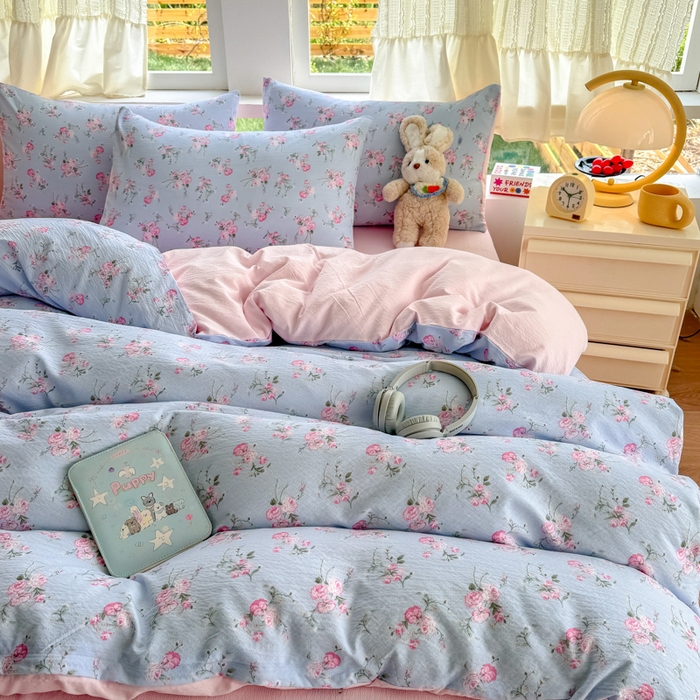 91家纺网 家纺一手货源 找家纺 温眠家纺 2025新款活性印染云感针织双层纱四件套 蓝溪