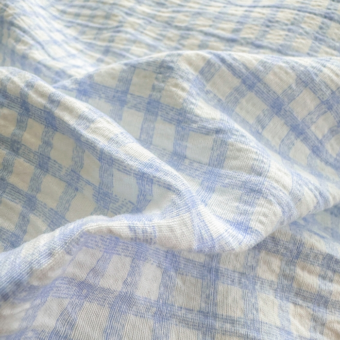 91家纺网 家纺一手货源 找家纺 温眠家纺 2025新款活性印染云感针织双层纱四件套 蓝小格