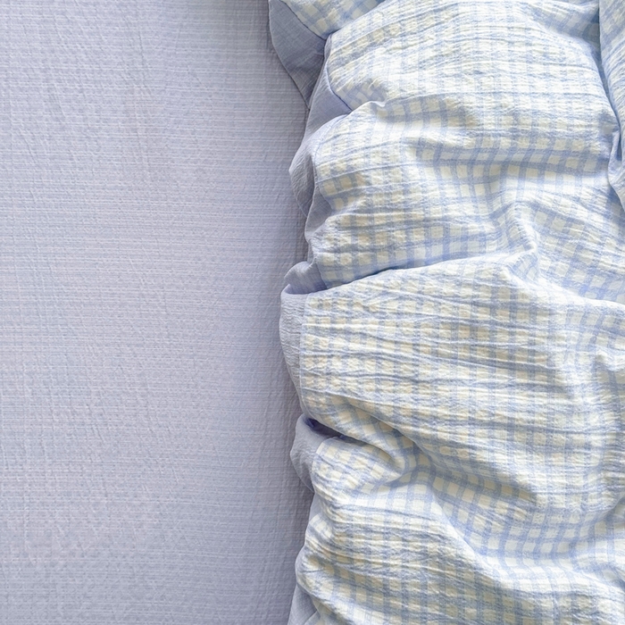 91家纺网 家纺一手货源 找家纺 温眠家纺 2025新款活性印染云感针织双层纱四件套 蓝小格