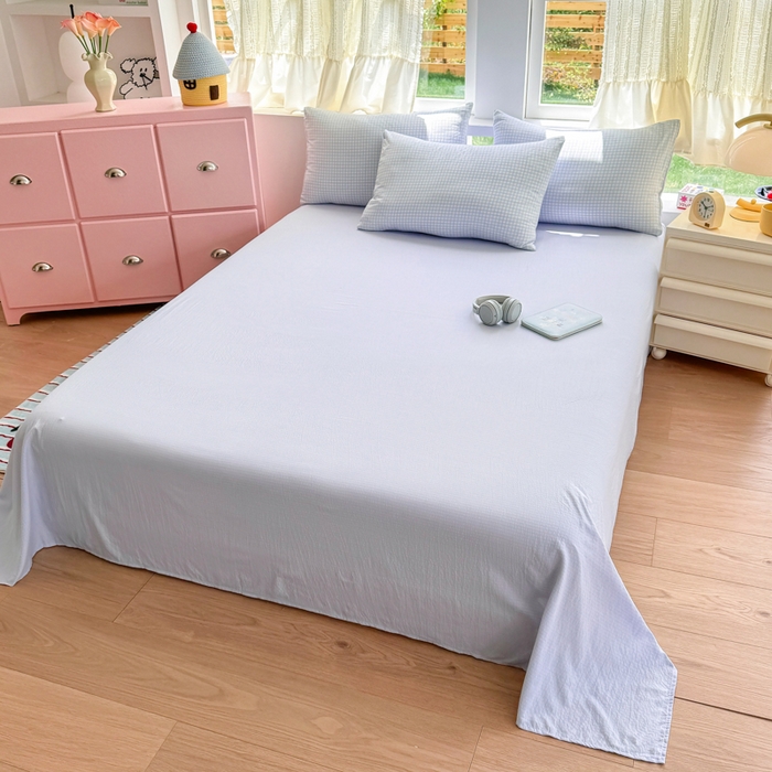 91家纺网 家纺一手货源 找家纺 温眠家纺 2025新款活性印染云感针织双层纱四件套 蓝小格