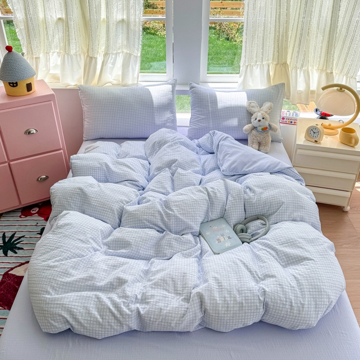 91家纺网 家纺一手货源 找家纺 温眠家纺 2025新款活性印染云感针织双层纱四件套 蓝小格