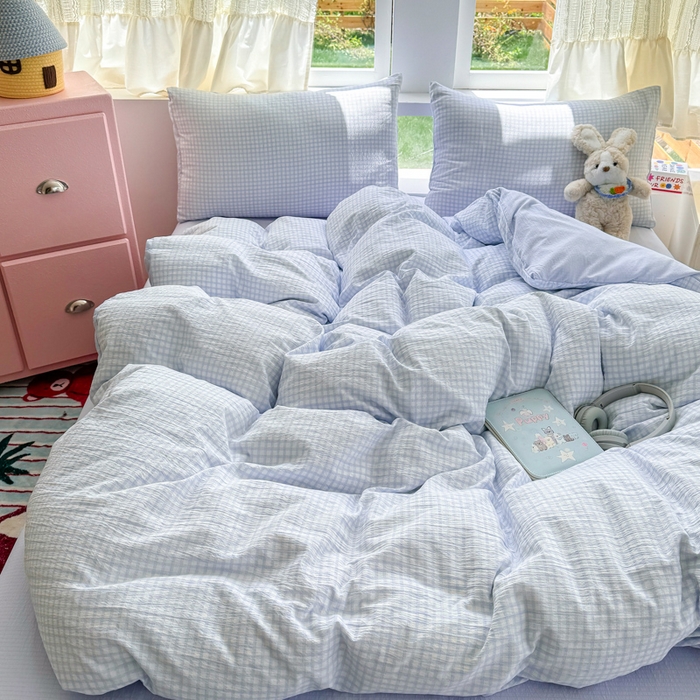 91家纺网 家纺一手货源 找家纺 温眠家纺 2025新款活性印染云感针织双层纱四件套 蓝小格