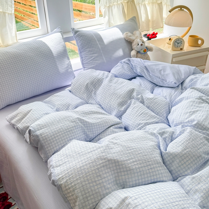 91家纺网 家纺一手货源 找家纺 温眠家纺 2025新款活性印染云感针织双层纱四件套 蓝小格