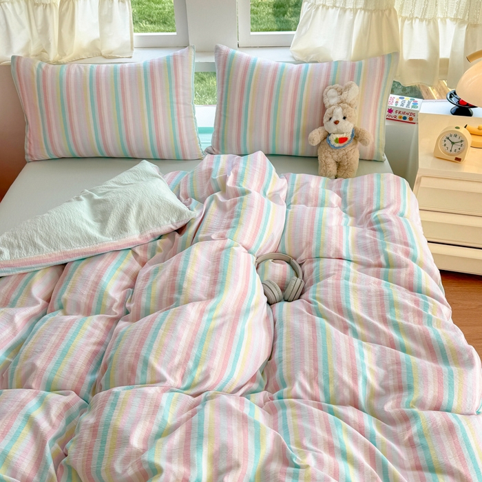 91家纺网 家纺一手货源 找家纺 温眠家纺 2025新款活性印染云感针织双层纱四件套 遇见彩虹