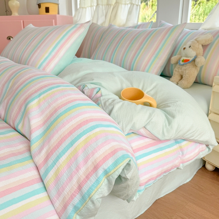 91家纺网 家纺一手货源 找家纺 温眠家纺 2025新款活性印染云感针织双层纱四件套 遇见彩虹